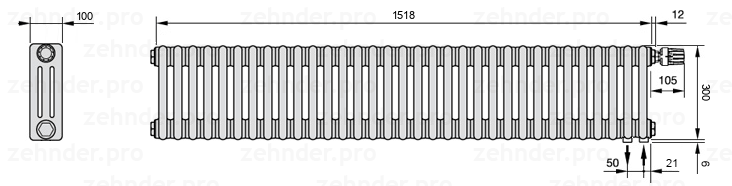 Схема (чертеж) Радиатор Zehnder Charleston 3030/33 №V002 Белый глянцевый RAL 9016
